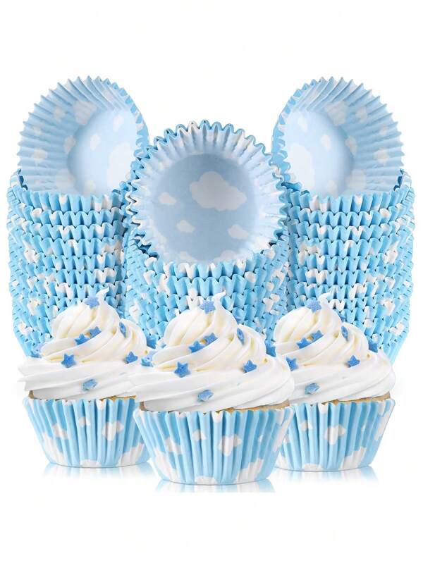 100 Count Cloud Blue Cupcake Liners White Light Cupcake Wrappers Paper Blue Muffin Cups Birthday Theme Party Baking Cups Baby Shower Decor Could Baking Wrapping And Packaging For Party Supplies