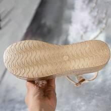 Women Fashion Gold Beaded Flower Rhinestone Ankle Strap Thick Sole Sandals - Open Toe Thick Heel Casual Summer Sandals