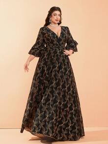 Mgiacy V-Neck Asymmetrical Crossed Ruffle Double Layered Sleeves Chiffon Dress With Elegant Gold Thread Embroidery - Black - View 5