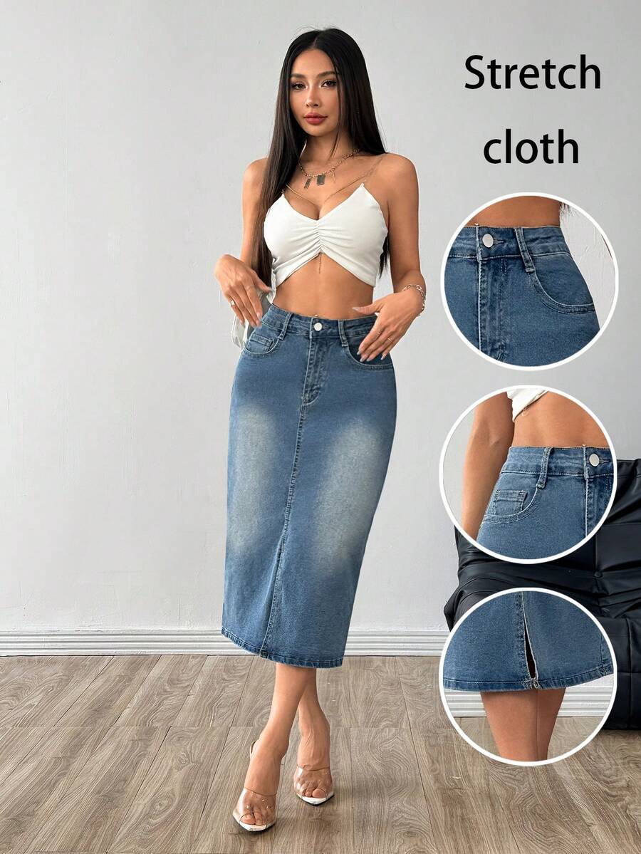 Falda vaquera recta y versátil con bolsillo para mujeres