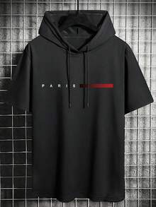 Men's Letter Print Drawstring Casual Hooded Short Sleeve T-Shirt - Black - View 2