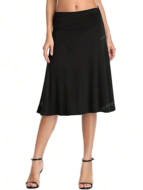 Women'S Elegant Olive Green Pleated High-Waist Midi Skirt - Stretchy Fabric, Flared Hem, Perfect For Yoga & Casual Attire, Casual Attire|Elegant Midi Skirt|Stretchy Fabric