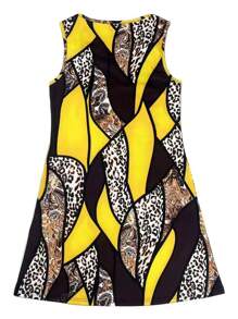 Vestido casual sin mangas con cuello en V con estampado abstracto de color amarillo vibrante - Estilo casual de verano para uso diario | Ropa casual de moda | Tela suave y brillante, vestido encantador