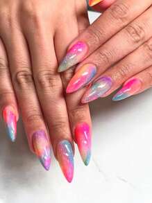 24 Pieces Long Almond Shaped Press On Nails, French Color Smudged Summer Nails, Sweet Cool Fresh Style, Suitable For Women And Girls Daily, Work, Travel Vacation