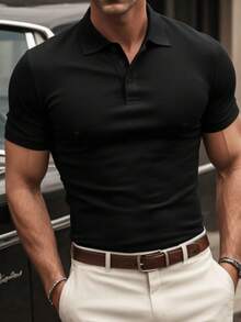 男士速干短袖 Polo 衫，优质珠地网眼针织面料 | 性价比高 | 时尚 | 舒适休闲 | 百搭高尔夫球衫 | 父亲节礼物 | 男士礼物 | 男士商务休闲 Polo 衫，纯色办公室风格 | 父亲节礼物 | 男士礼物 - 黑色 - 查看 4