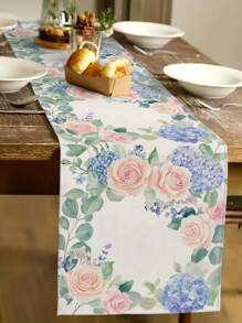 1pc Pink Heart Rose Floral Print Table Runner, Kitchen, Dining Room Decor, Holiday Decor, Home Gathering, Home Decor, Wedding Setting, Outdoor Dining, Coffee Table Decoration