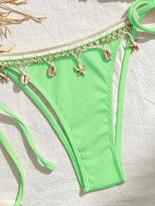Bikinx Bộ bikini tam giác buộc dây bằng vải satin màu trơn dành cho nữ, có ruy băng và họa tiết vỏ sò, thích hợp cho kỳ nghỉ biển. - Màu xanh Bạc hà - Xem 4
