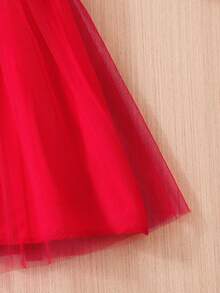 Young Girl Heart Print Short Sleeve Valentine's Day Mesh Dress - Red - View 5