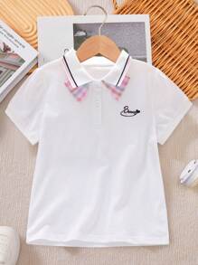 Top Polo Feminina, Estilo Casual Elegante Escolar com Bordado Xadrez, Cor Contrastante na Gola, Camiseta de Manga Curta, Tops de Cor Sólida Respiráveis e Macios, Novos Lançamentos de Verão para Meninas Pré-Adolescentes e Crianças