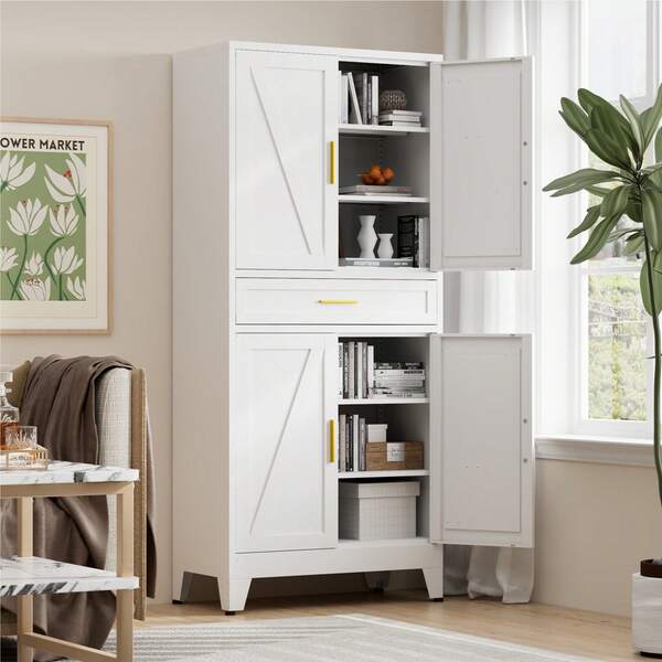 71" Tall Metal Kitchen Pantry Storage Cabinet With 4 Doors & Drawer, Adjustable Shelves, Farmhouse Cupboard, Freestanding Cabinet With Door Shelves For Dining Room/Living Space,White