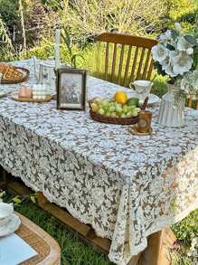 1pc Elegant Large Floral Tablecloth, French Vintage Lace Rectangular Table Cover, Retro Baroque Style For Coffee/Dining Table, Dust Cover