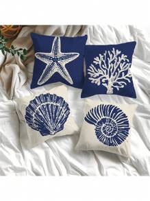 4pcs Dark Blue Ocean Design Coral Fleece Pillow Case, Sofa Cushion Cover Set