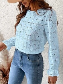 Women Eyelet Long Sleeve Tops Shirts Dressy Hollow Out Crochet Lace Embroidered Blouses 2025 Fashion