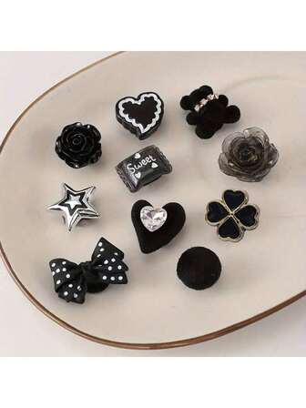 10pcs Black Series Cartoon Shoes Charms For Women Clogs Sandals Decoration, Shoes DIY Accessories