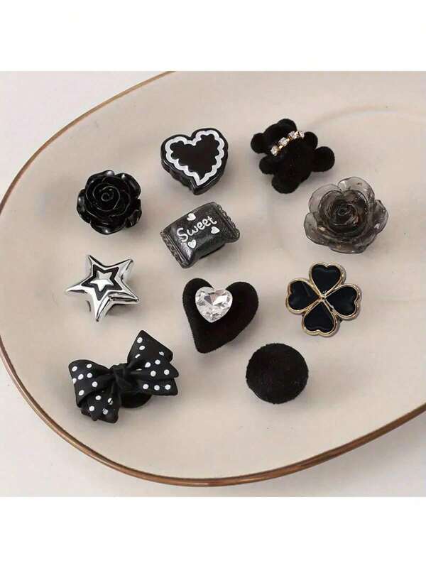 10pcs Black Series Cartoon Shoes Charms For Women Clogs Sandals Decoration, Shoes DIY Accessories