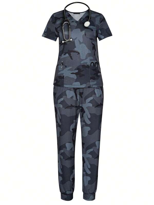 Camouflage Women's Breathable Sport Print Work Suit With Brushed Hands, V-Neck Pocket Top & Pants Set Scrub Set