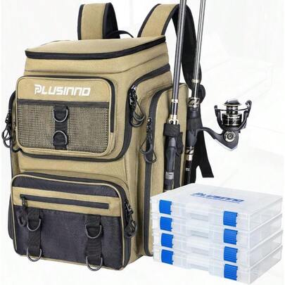 Fishing Backpack With Rod Holders 42L WaterResistant Tackle Bag With 4 Tackle Boxes Camping Hiking Gifts For Men Khaki