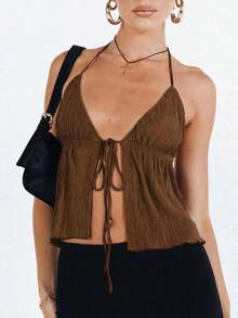 Women Y2k Front Tie Crop Tops Halter Neck Flowy Plisse Summer Going Out Top Sexy Split Sleeveless Cami Shirt - 棕色 - 查看 1