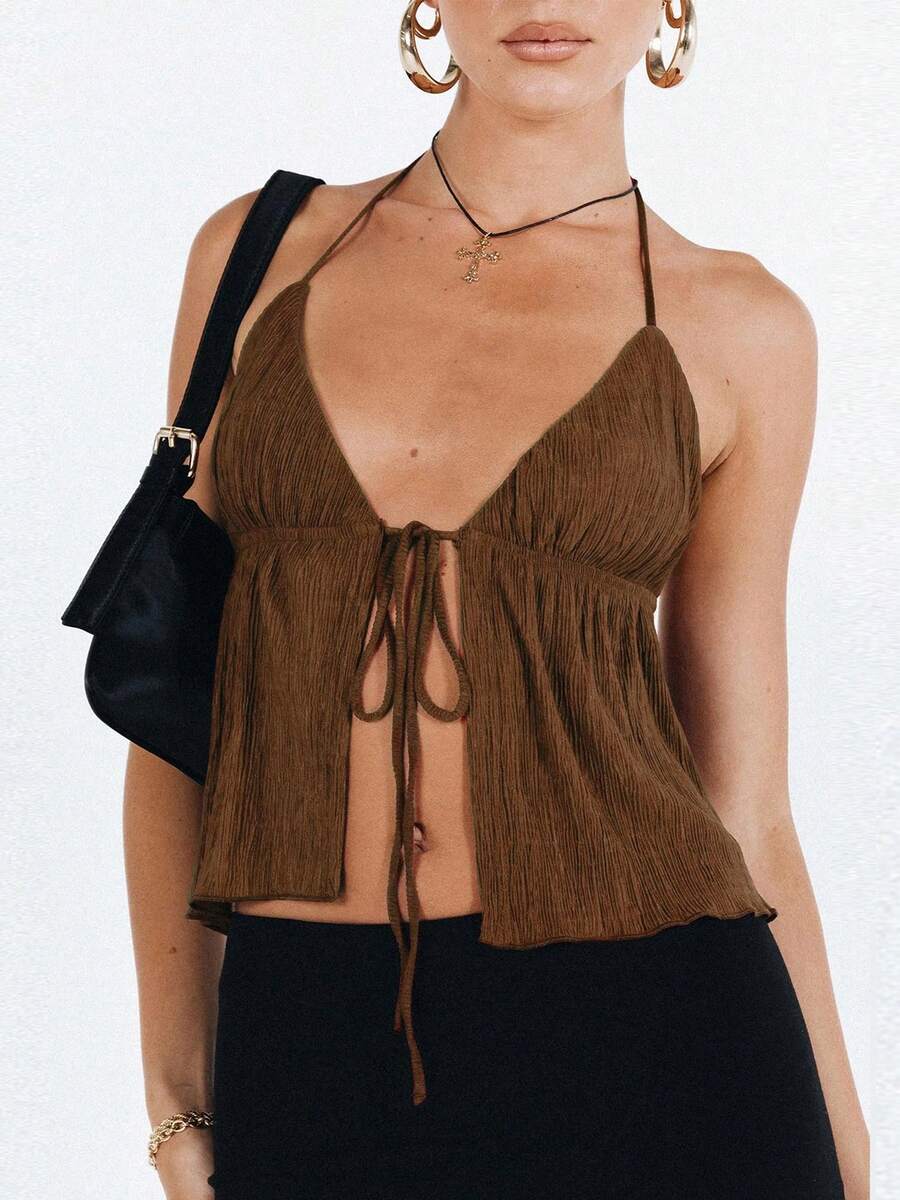 Women Y2k Front Tie Crop Tops Halter Neck Flowy Plisse Summer Going Out Top Sexy Split Sleeveless Cami Shirt - 棕色 - 查看 1