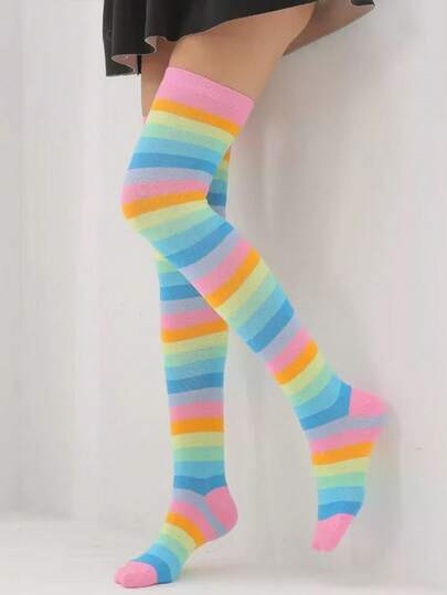 1 Pair Holiday Colorful Double Striped Over-The-Knee Socks For Women, Fashion Decorative Socks Suitable For Daily Wear & Parties, Cozy