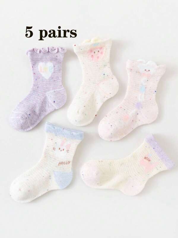 5 Pairs Girls' Cartoon Design Mesh Mid-Calf Socks