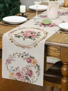 1pc Pink Heart Rose Floral Print Table Runner, Kitchen, Dining Room Decor, Holiday Decor, Home Gathering, Home Decor, Wedding Setting, Outdoor Dining, Coffee Table Decoration