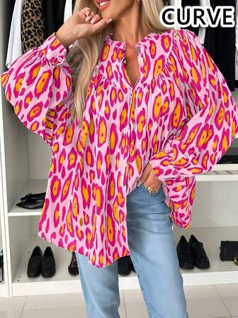 女士豹纹图案前开襟长袖衬衫