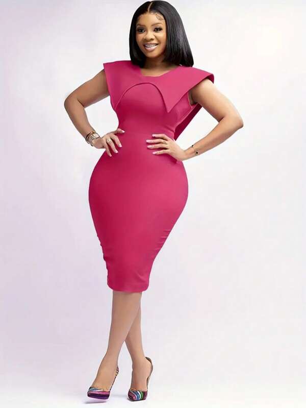 Plus Size Elegant Solid Color Slim Fit Dress, Summer
