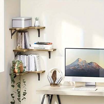 Space-Saving L-Shaped Solid Wood Shelf Set (3 Pieces | Waterproof Bathroom/Laundry Room Organizer | Wall Decor Floating Shelves For Plants, Towels, Decor | Easy Install & Sturdy Design Back To School