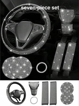 16件/13件/7件套汽车配件套装，女士汽车配件，亮面方向盘套，亮面汽车杯垫，亮面套装，安全带肩垫，圆形Logo贴纸，换挡杆套