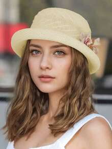 1 件女士优雅花卉装饰帽檐草帽，时尚百搭波西米亚风遮阳帽，适合春夏季户外，透气轻便，适合日常穿着 - A - 查看 8