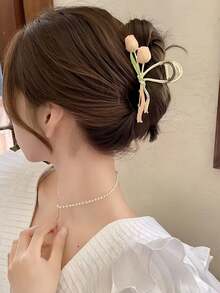 1pc Women's Zinc Alloy Ribbon Tulip Hair Claw Accessory, Fashionable Headpiece, Suitable As Gift - Multicolor - View 2