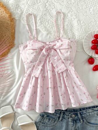 女士吊带背心，休闲宽松版型，印花蕾丝格纹花卉图案，适合度假、毕业典礼、婚礼、返校、派对、午餐等场合，打造甜美浪漫的乡村度假风，宽松舒适，下摆系带设计。