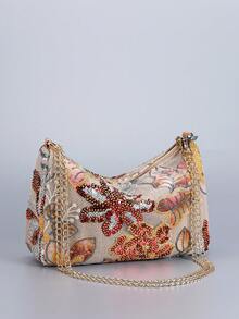 亮片刺绣链条单肩包，经典设计刺绣花卉半圆形斜挎包，女士时尚撞色亮片拼接拉链晚宴包。首选包型，多用途包，可斜挎，链条对折后可单肩。（图案位置随机剪裁）