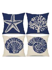 4pcs Dark Blue Ocean Design Coral Fleece Pillow Case, Sofa Cushion Cover Set