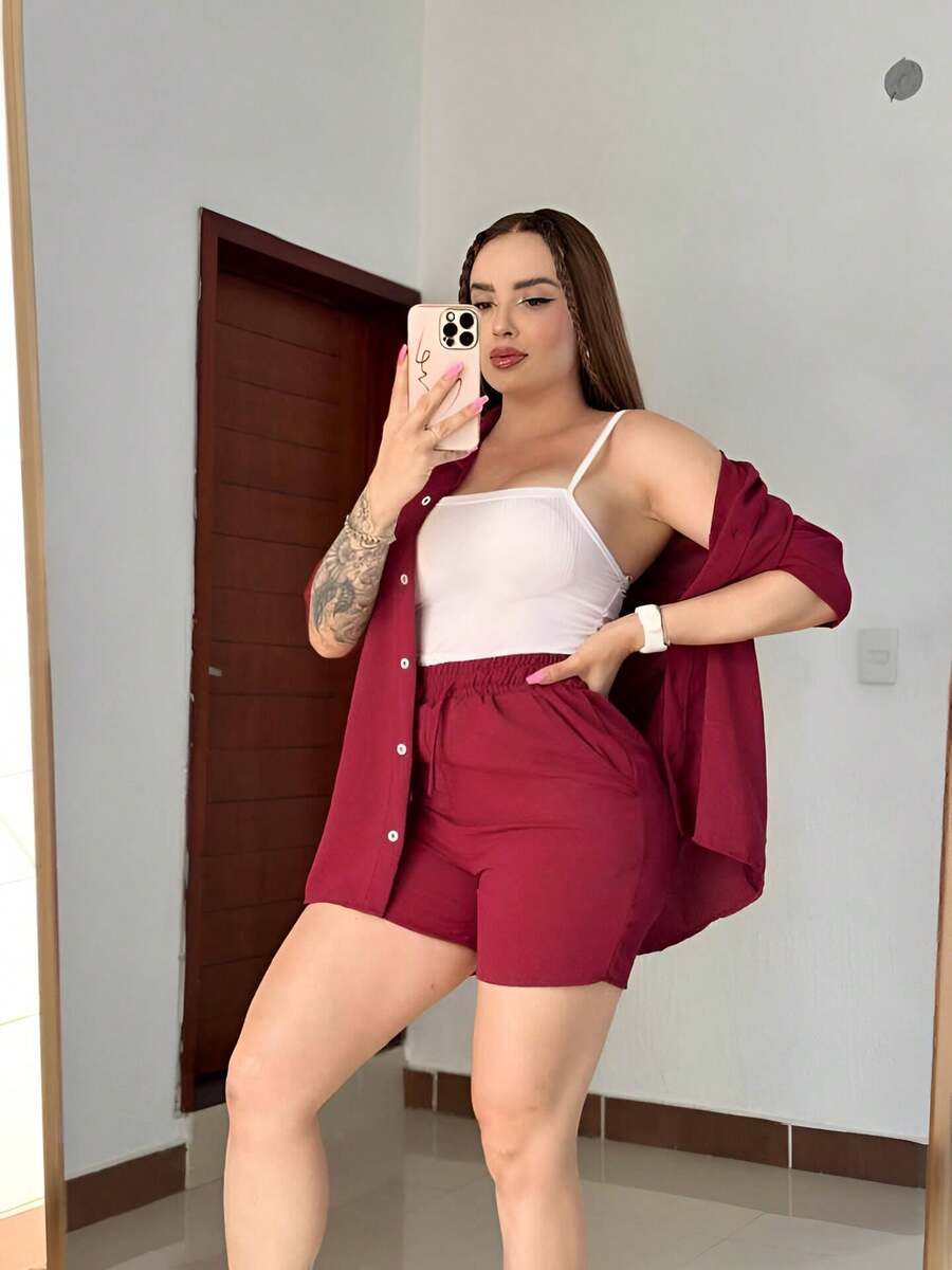 MHG  Conjunto de 2 piezas de cubierta de playa con camisa de manga corta y botones oversize y pantalones cortos de unicolor para vacaciones en la playa, verano casual y fresca primavera - Tinto - Ver 1