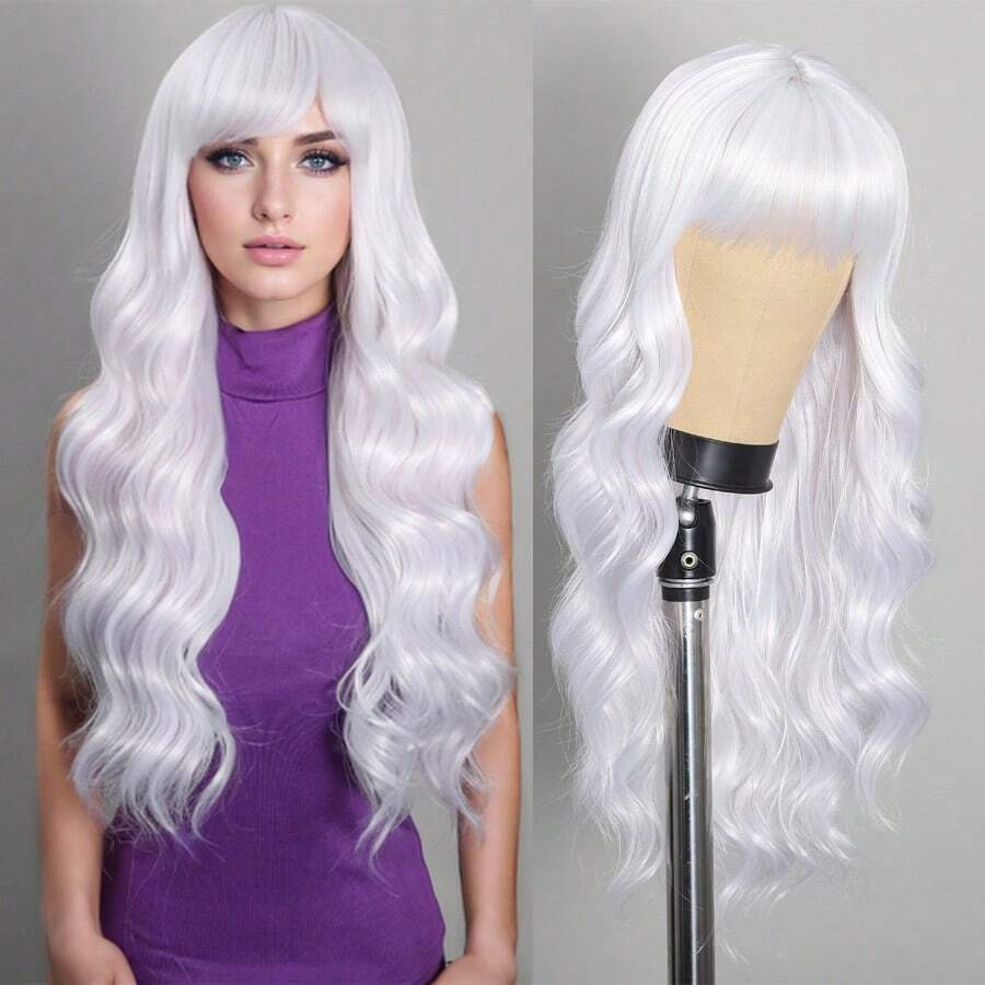 Long Wavy Wig With Bangs 26 Inches Natural Looking Synthetic Heat Resistant Fiber Hair Wigs For Women Daily Party Cosplay Wigs White Mix Light Purple - White Highlight - View 1