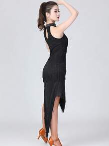 Vestido de baile latino para damas, vestido de competición con lentejuelas y flecos, vestido de baile latino asimétrico con flecos, vestido para actuación en el escenario