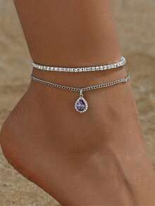 2pcs/Set Luxury Elegant Water Drop Cubic Zirconia Pendant Anklets, Ideal For Beach, Daily Wear, Travel Shoots, Surprise Gift For Loved Ones - Silver - View 1
