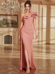 Slim Fitting High Split Beaded Backless Ruffle Hem Cocktail Party Dress For Wedding Guest, Spring/Summer, Elegant