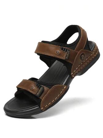 Sandalias genuinas de cuero para hombre, de punta abierta, transpirables, cómodas para exteriores, de suela antideslizante para uso casual en la playa