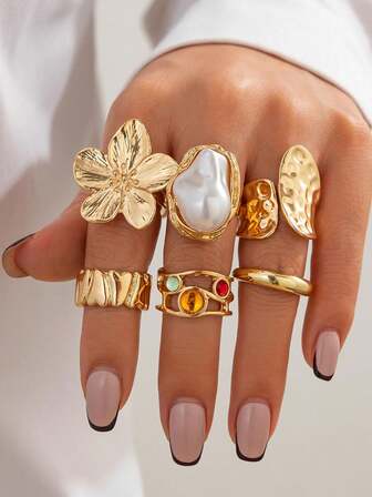 6 件套时尚简约精致高级优雅独特闪亮奢华几何花朵彩色宝石珍珠戒指套装，适合日常女士珠宝