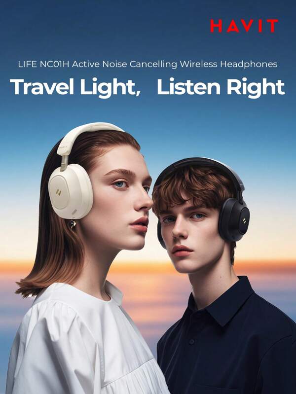 havit Casque stéréo sans fil pliable LIFE NC01H, anti-bruit actif, 80 heures d'autonomie de batterie, faible latence, casque supra-auriculaire, léger et personnalisable via une application. Choix de couleur cadeau violet