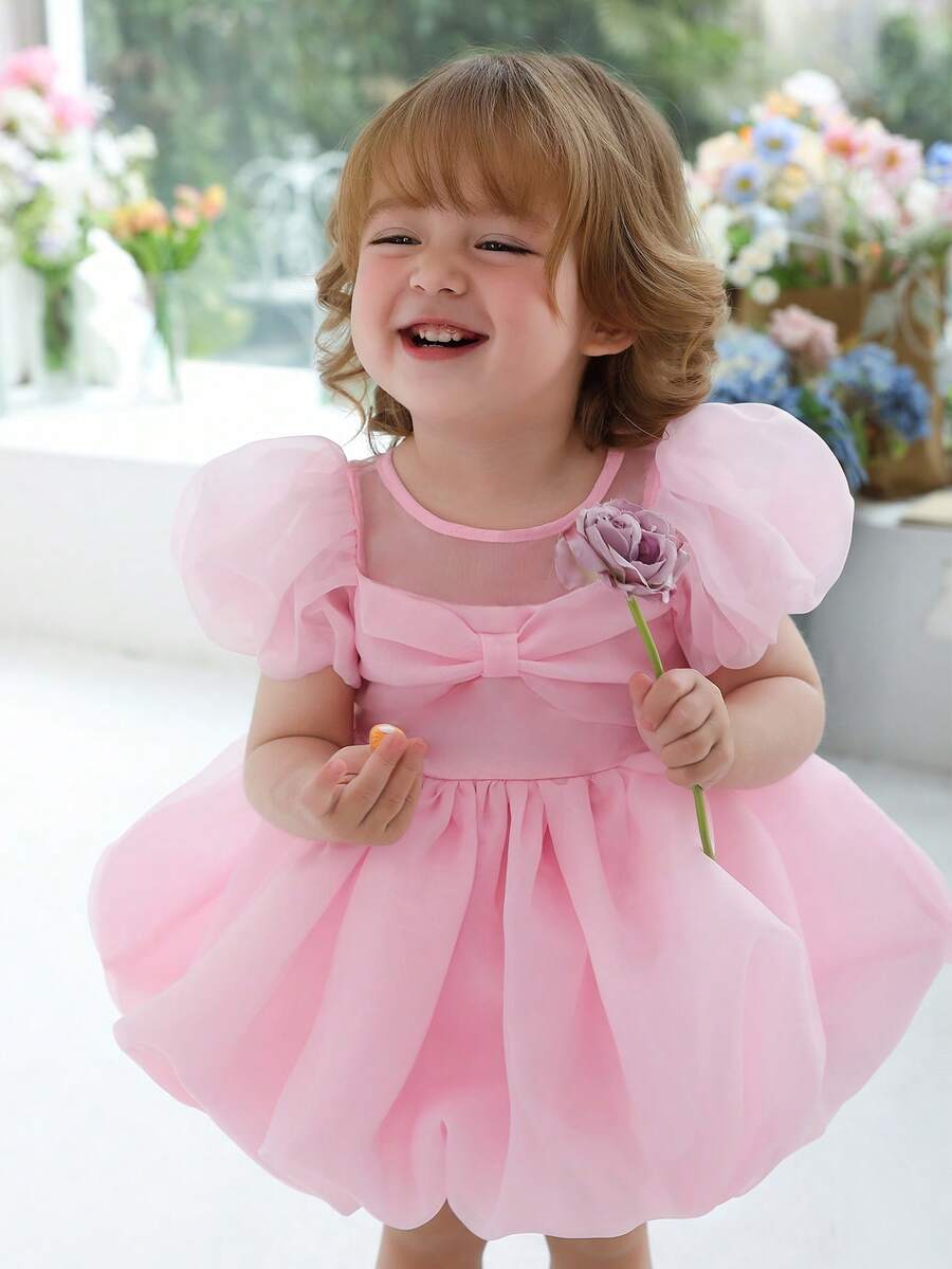 Baby Girls' Pink Tulle Bow Puff Sleeve Elegant Princess Dress, Suitable For 1st Birthday Gift, Party, Flower Girl, Wedding, School Performance, Holiday Celebration, Prom - Pink - View 1