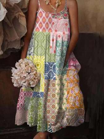 Women Summer Spaghetti Strap Patchwork Floral Geometric Print Casual Holiday Dress