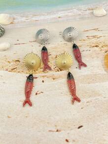 1 Paar einfache, modische Ohrringe aus der Meerestrilogie, Metall Luxus Anhänger (Fisch, Krake, Qualle), Bohemien Beach Resort Stil, elegante Ohrstecker