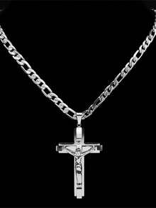 Jesus Cross Necklace For Men Stainless Steel Religious Catholic Crucifix Cuban Chain Layered Necklaces - Necklace - View 3