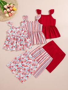 3pcs/Set Baby Girls Floral Striped Allover Print Sleeveless Top + Floral Striped Allover Print Shorts Set - Burgundy - View 1