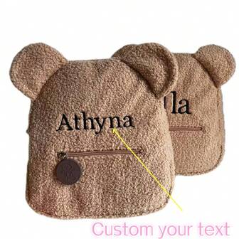 Mochila pequeña suave y personalizada con diseño de dibujos animados para niñas, con bordado personalizado de nombre, correa para el hombro ajustable, gran capacidad de almacenamiento, forma de oreja de oso, adecuada para uso diario o como regalo