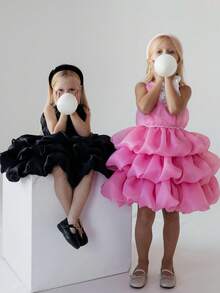 Abito elegante da principessa per bambine con sovrapposizione di rete con perline e fiori 3D, contrasto di colori, adatto per compleanni, matrimoni, balli, feste e celebrazioni